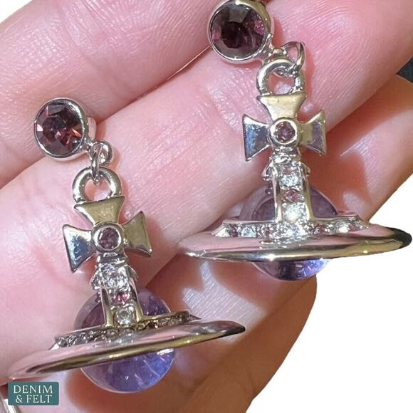 Vivienne Westwood Mayfair Orb Drop Earrings Silver Lilac Crystal Set NEW - Picture 8 of 10